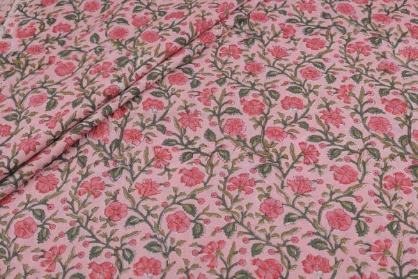 Pre-Cut 2.20m Mauvelous Pink Floral Handblock Printed 100% Pure Soft Cotton Fabric