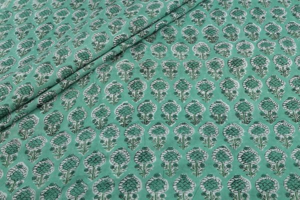 Mint Green Floral Handblock Printed 100% Pure Soft Cotton Fabric