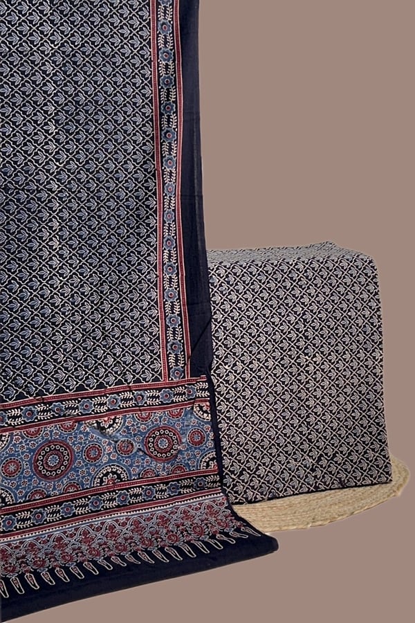 Black - 2pc Set (2.5m each) Ajrakh HandCrafted Cotton Dupatta and Top Cotton Fabric Set