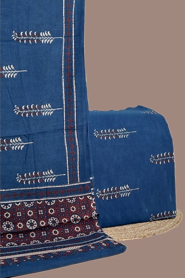 Blue - 2pc Set (2.5m each) Ajrakh HandCrafted Cotton Dupatta and Top Cotton Fabric Set