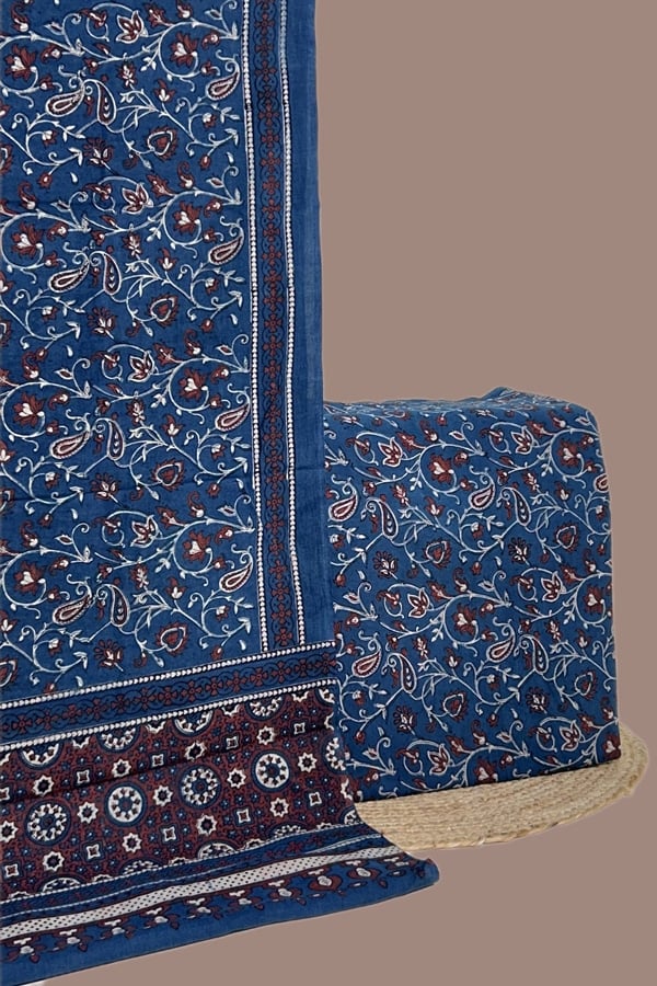 Blue - 2pc Set (2.5m each) Ajrakh HandCrafted Cotton Dupatta and Top Cotton Fabric Set