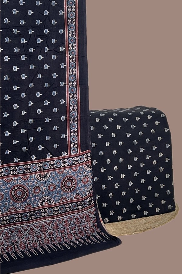 Black - 2pc Set (2.5m each) Ajrakh HandCrafted Cotton Dupatta and Top Cotton Fabric Set
