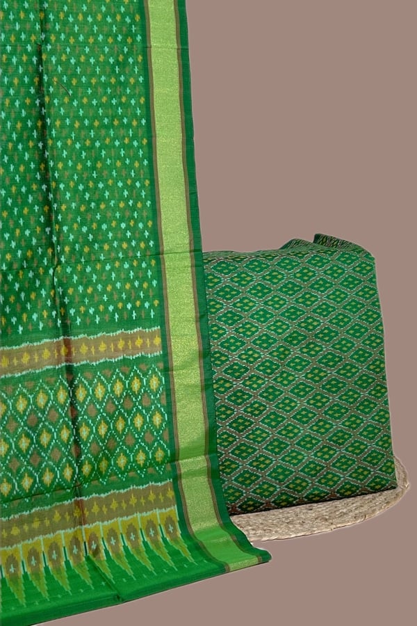Green - 2pc Set (2.5m each) Premium Silk-Cotton Ikkat Dupatta and Soft Ikkat Cotton Silk Top Fabric Set