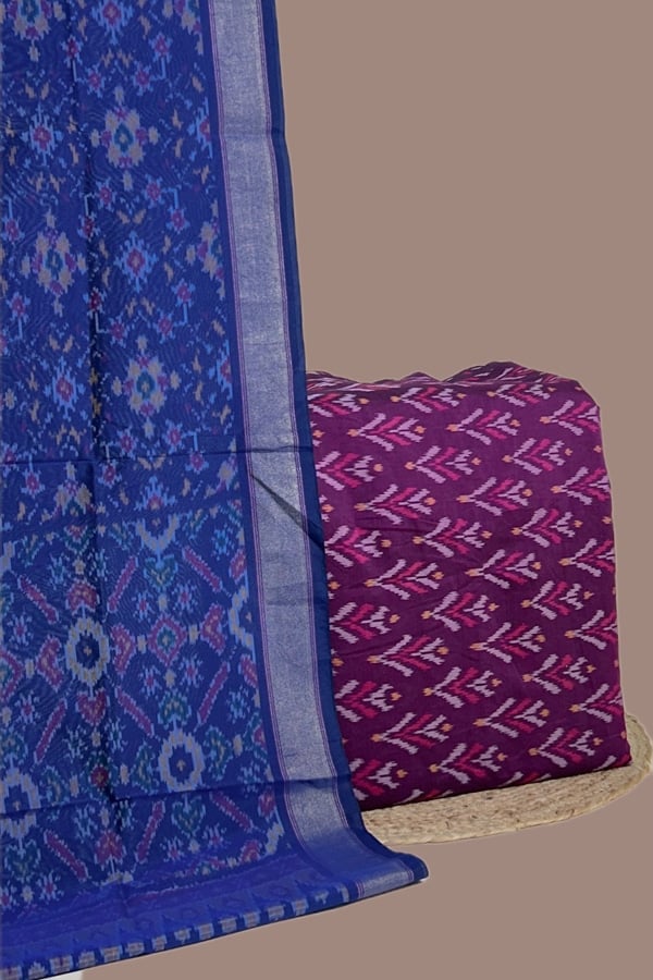 Purple - 2pc Set (2.5m each) Premium Silk-Cotton Ikkat Dupatta and Soft Ikkat Cotton Silk Top Fabric Set
