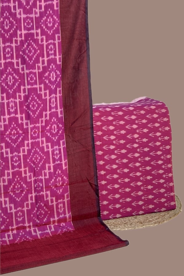 Pink - 2pc Set (2.5m each) Ikkat Cotton Dupatta and Handloom Soft Ikkat Cotton Top Fabric Set