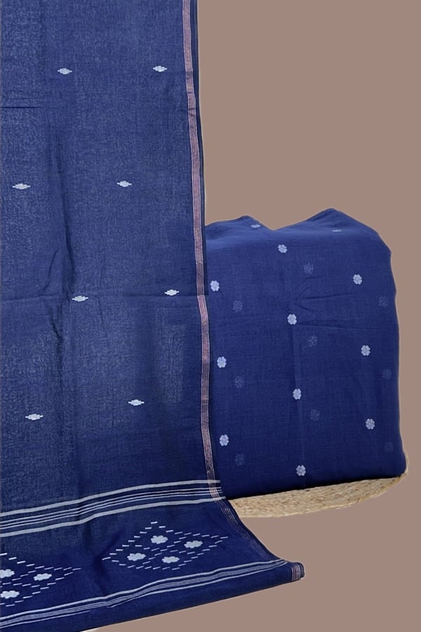 Blue - 2pc Set (2.5m each) Handloom Cotton Dupatta and Handloom Woven Design Top Fabric Set