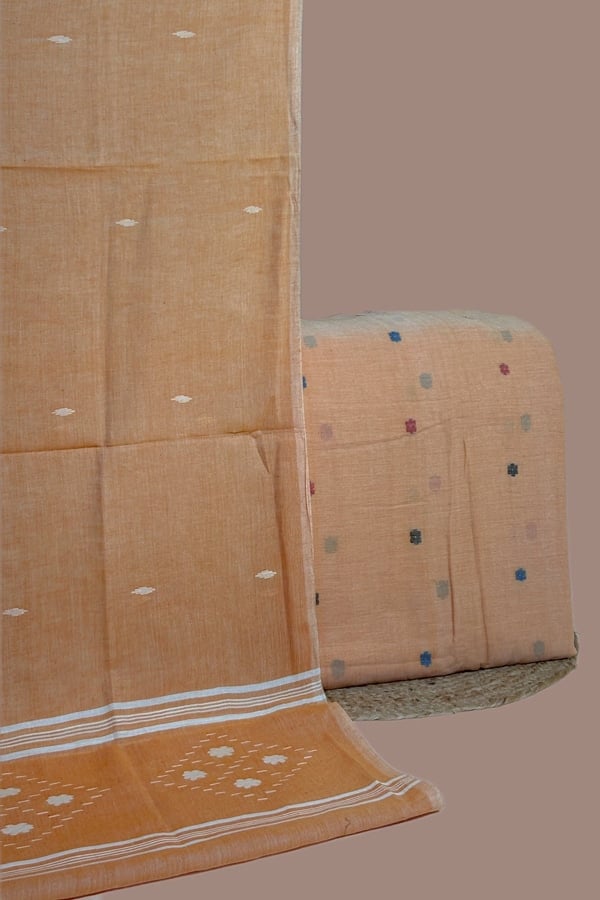 Orange - 2pc Set (2.5m each) Handloom Cotton Dupatta and Handloom Woven Design Top Fabric Set