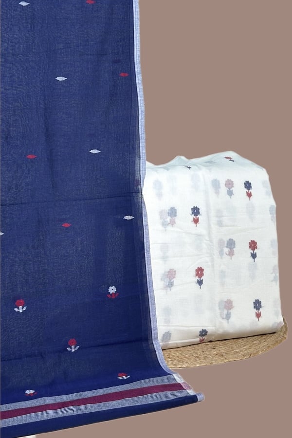White - 2pc Set (2.5m each) Handloom Cotton Dupatta and Handloom Woven Design Top Fabric Set