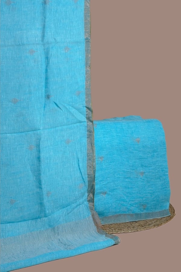 Blue - 2pc Set (2.5m each) Premium Linen Handloom Dupatta and Pure Handloom Linen Top Fabric Set