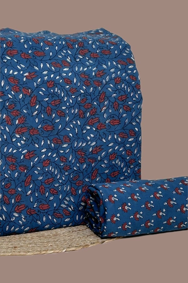 Blue - 2pc Set (2.5m each) Ajrakh HandCrafted Cotton Top and Bottom Cotton Fabric Set