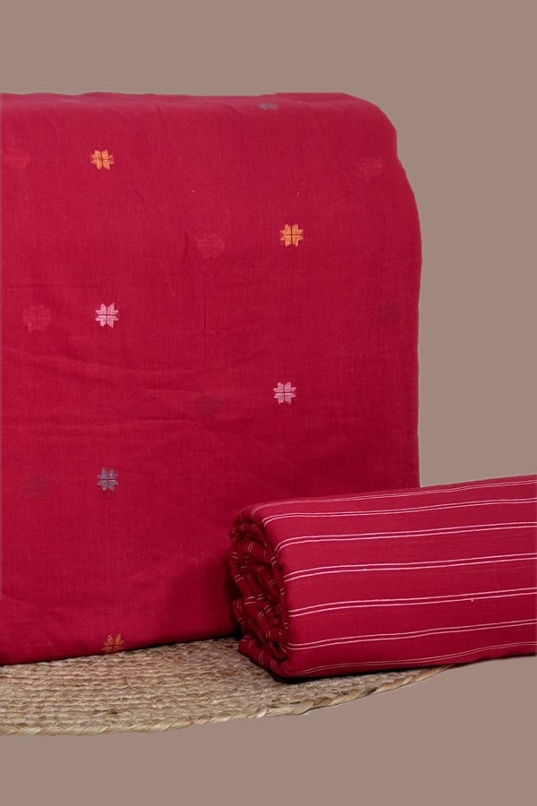 Red - 2pc Set (2.5m each) Handloom Woven Design Cotton Top and Handloom Stripe Soft Cotton Bottom Fabric Set