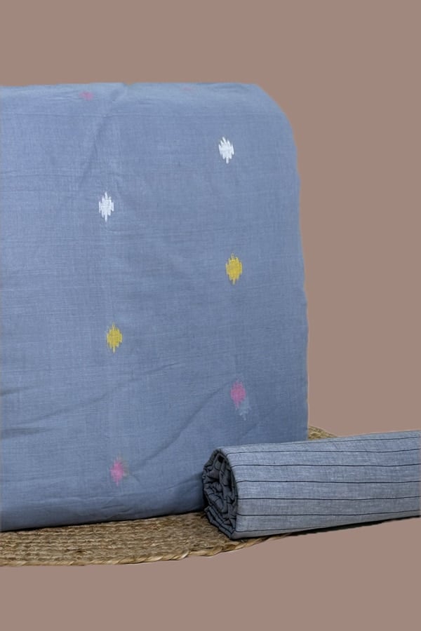 Grey - 2pc Set (2.5m each) Handloom Woven Design Cotton Top and Handloom Stripe Soft Cotton Bottom Fabric Set