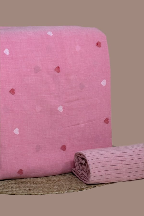 Pink - 2pc Set (2.5m each) Handloom Woven Design Cotton Top and Handloom Stripe Soft Cotton Bottom Fabric Set
