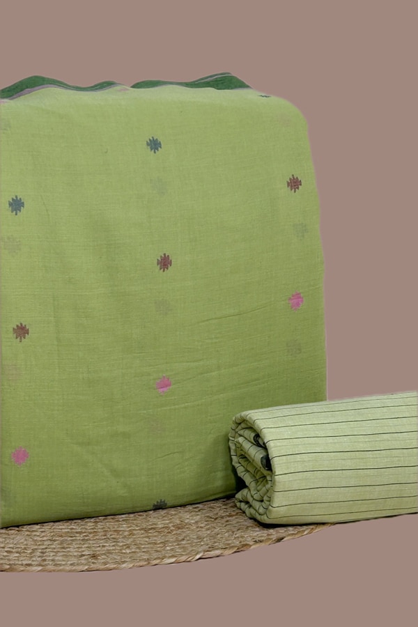Green - 2pc Set (2.5m each) Handloom Woven Design Cotton Top and Handloom Stripe Soft Cotton Bottom Fabric Set