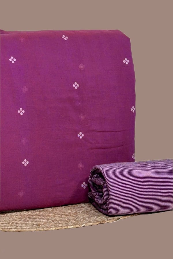 Purple - 2pc Set (2.5m each) Handloom Woven Design Cotton Top and Handloom Stripe Soft Cotton Bottom Fabric Set