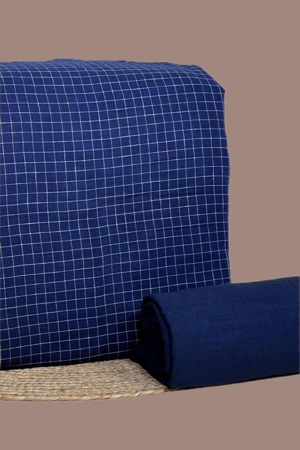 Blue - 2pc Set (2.5m each) Handloom Check Cotton Top and Bottom Fabric Set