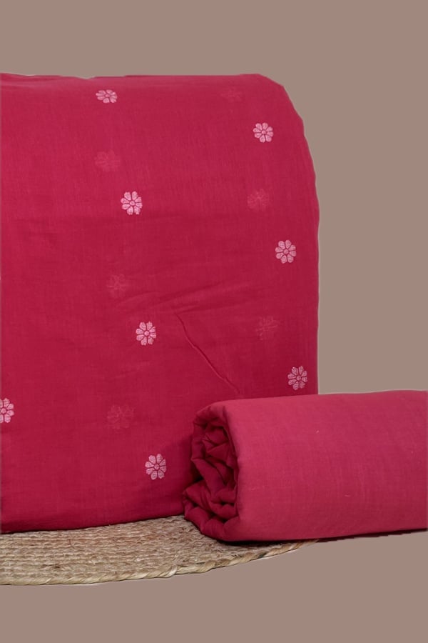 Red - 2pc Set (2.5m each) Handloom Woven Design Cotton Top and Handloom Soft Cotton Bottom Fabric Set