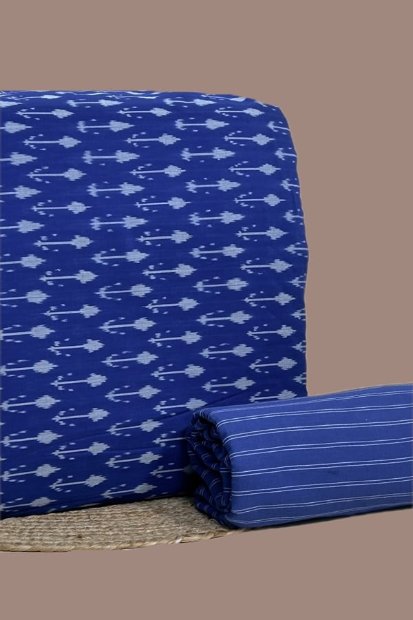 Blue - 2pc Set (2.5m each) HandCrafted Ikkat Top and Handloom Woven Stripes Bottom Fabric Set