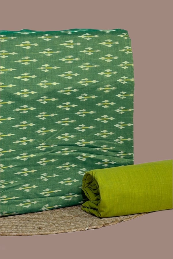 Green - 2pc Set (2.5m each) HandCrafted Ikkat Top and Mangalgiri Cotton Bottom Fabric Set