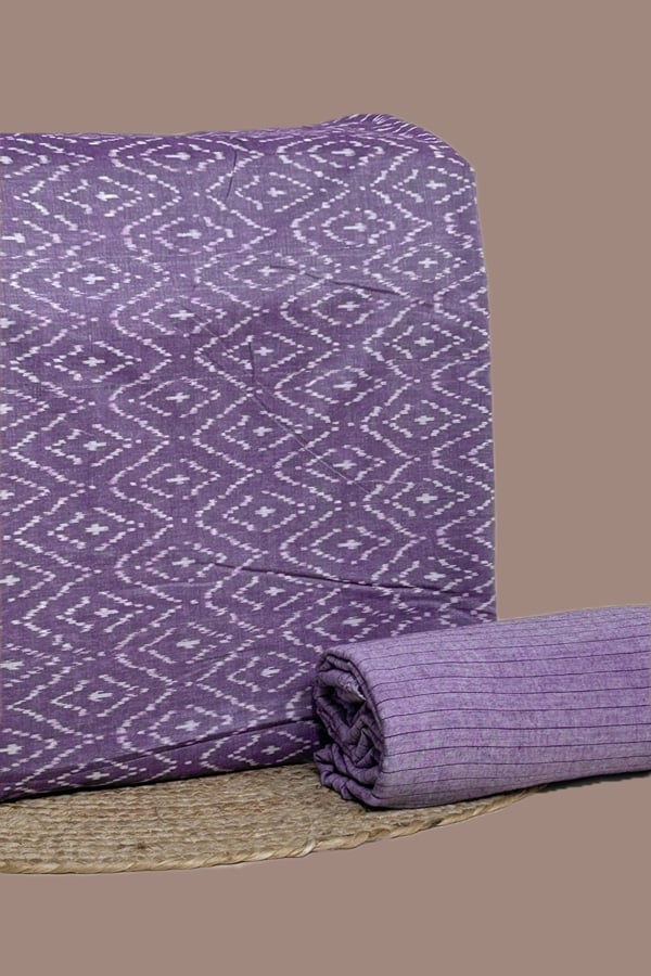 Purple - 2pc Set (2.5m each) HandCrafted Ikkat Top and Handloom Woven Stripes Bottom Fabric Set