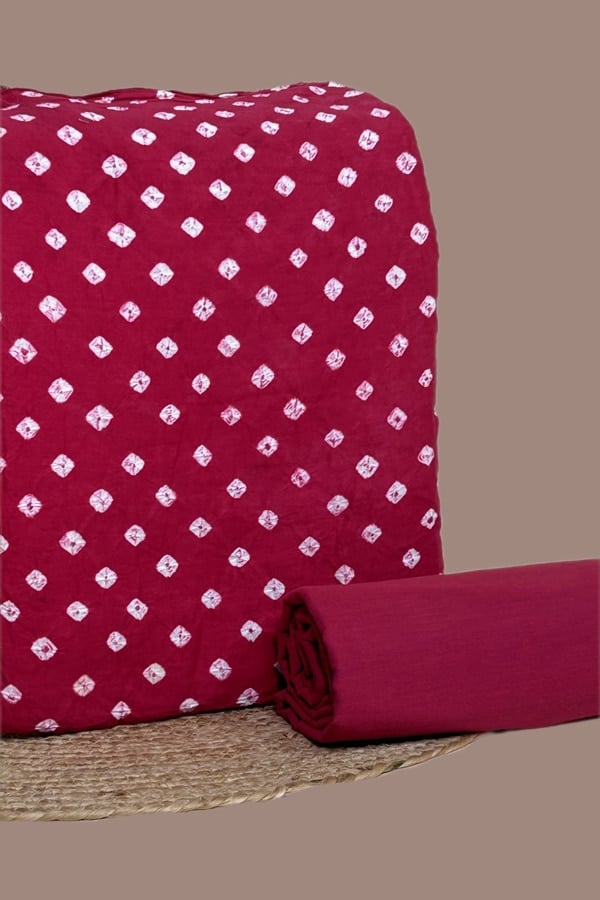 Pink - 2pc Set (2.5m each) Hand Tie-Dye Bandhani Pure Cotton Top With Handloom Bottom Fabric Set