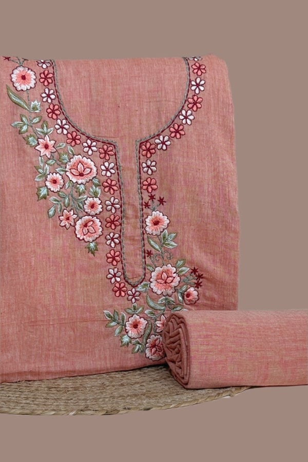 Orange - 2pc Set (3m Top + 2.5m Btm) Handloom Embroidered Neck Design Soft Cotton Top(3m) Bottom(2.5m) Fabric Set