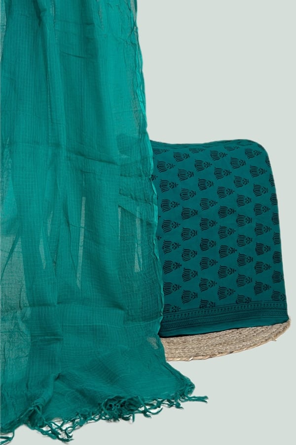 Blue - 2pc Set (2.5m each) Set (2.5m each) Kota Doria Dupatta and Bagh Pure Cotton Blockprint Top Fabric Set