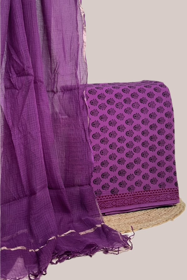 Purple - 2pc Set (2.5m each) Kota Doria Dupatta and Bagh Pure Cotton Blockprint Top Fabric Set