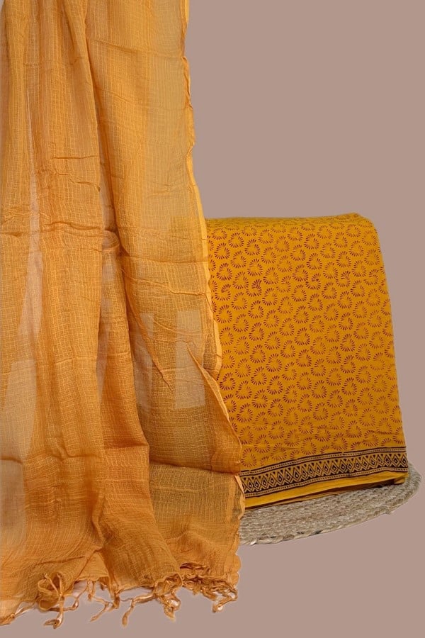 Orange - 2pc Set (2.5m each) Kota Doria Dupatta and Bagh Soft Cotton Blockprint Top Fabric Set