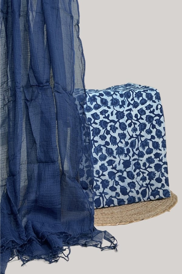 Blue - 2pc Set (2.5m each) Kota Doria Dupatta and Bagru HandBlock Pure Cotton Set