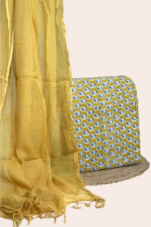 Yellow - 2pc Set (2.5m each) Kota Doria Dupatta and Pure Soft Cotton Blockprint Top Fabric Set