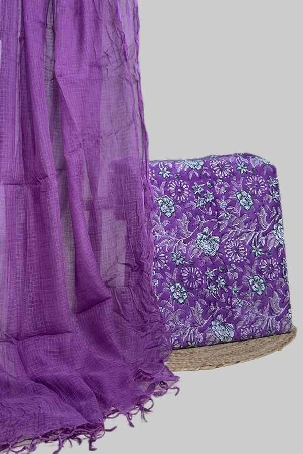 Purple - 2pc Set (2.5m each) Kota Doria Dupatta and Pure Soft Cotton Blockprint Top Fabric Set