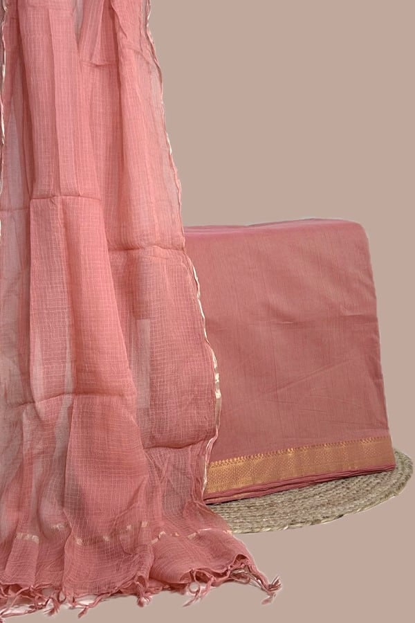 Pink - 2pc Set (2.5m each) Kota Doria Dupatta and Mangalgiri Zari Border Handwoven Pure Cotton Set
