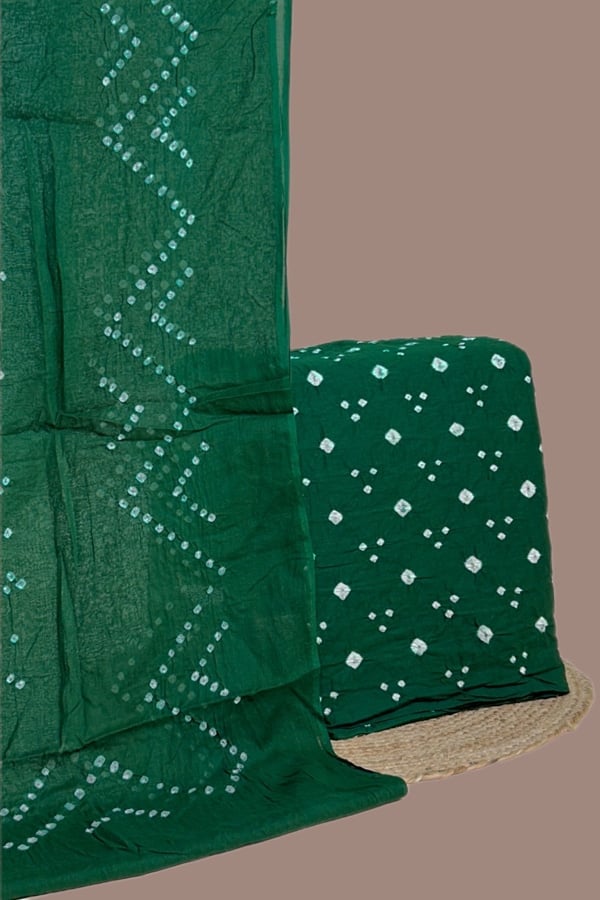 Green - 2pc Set (2.5m each) Bandhani Cotton Dupatta with Cotton Bandhani Top Fabric Set