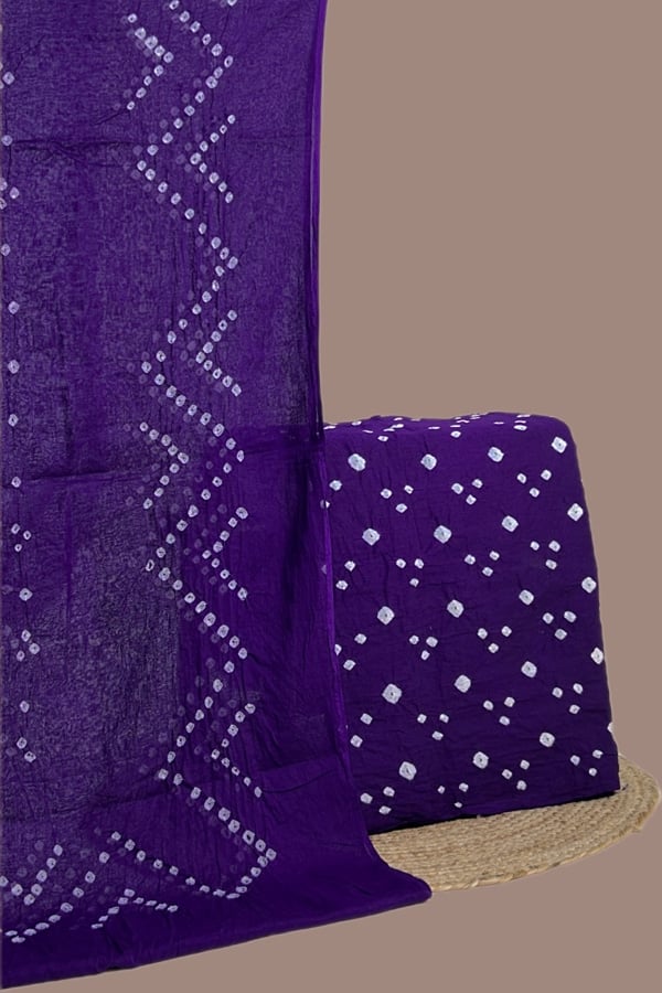 Purple - 2pc Set (2.5m each) Bandhani Cotton Dupatta with Cotton Bandhani Top Fabric Set