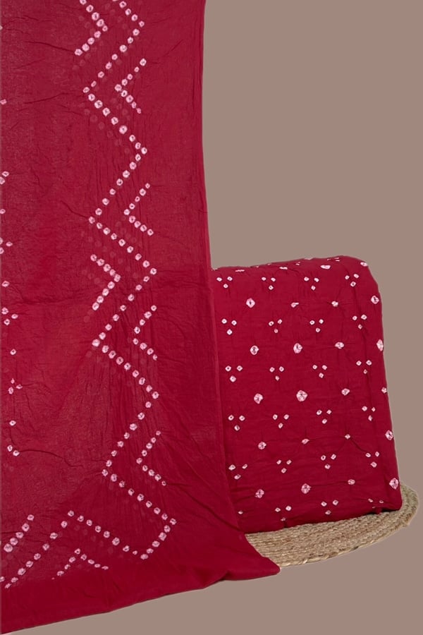 Red - 2pc Set (2.5m each) Bandhani Cotton Dupatta with Cotton Bandhani Top Fabric Set