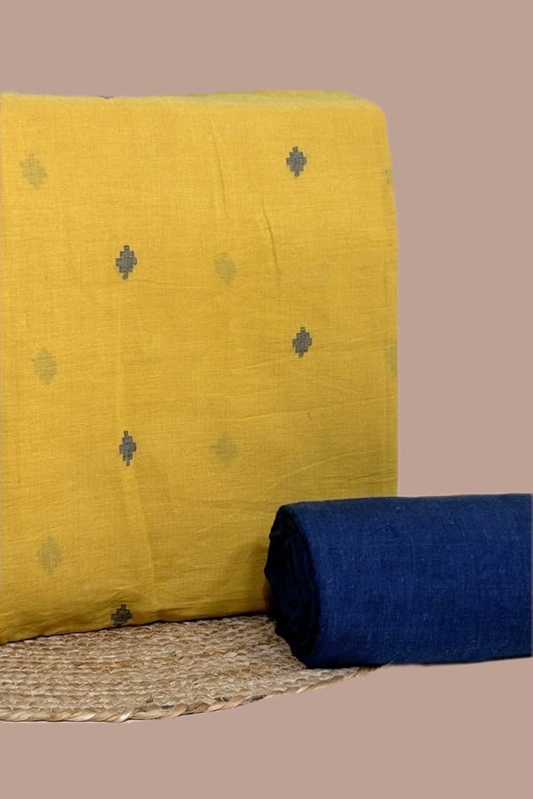 Yellow - 2pc Set (2.5m each) Handloom Woven Design Cotton Top and Handloom Soft Cotton Bottom Fabric Set