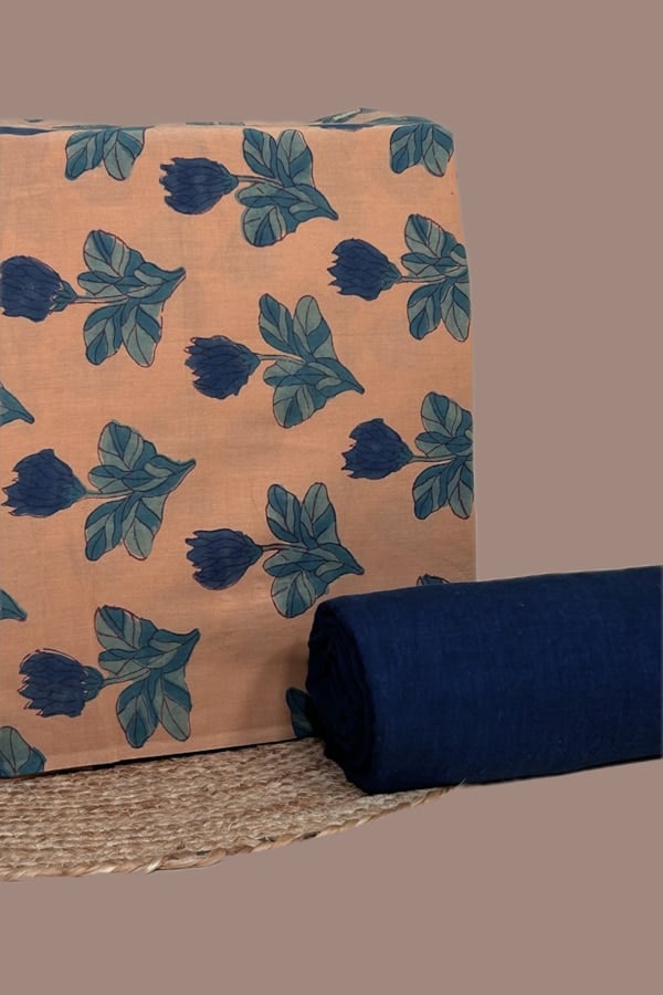 Beige - 2pc Set (2.5m each) Pure Soft Cotton Top and Handloom Cotton Bottom Fabric Set