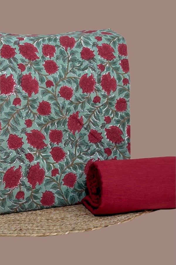 Green - 2pc Set (2.5m each) Pure Soft Cotton Top and Handloom Cotton Bottom Fabric Set