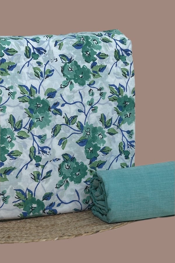 White - 2pc Set (2.5m each) Pure Soft Cotton Top and Mangalgiri Cotton Bottom Fabric Set
