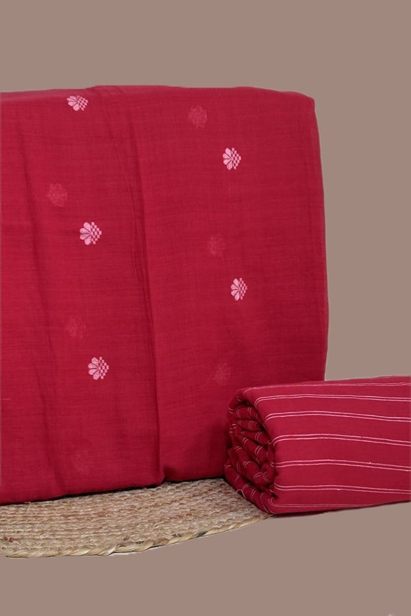 Red - 2pc Set (2.5m each) Handloom Woven Design Cotton Top and Handloom Stripe Soft Cotton Bottom Fabric Set