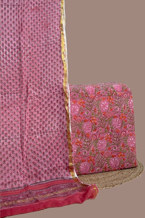 Pink - 2pc Set (2.5m each) Blockprinted Cotton Dupatta and Pure Soft Cotton Top Fabric Set