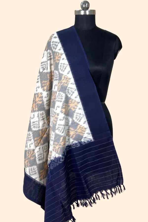 White - Ikkat Hand Tie-Dye Handloom Woven 100% Soft Cotton Dupatta