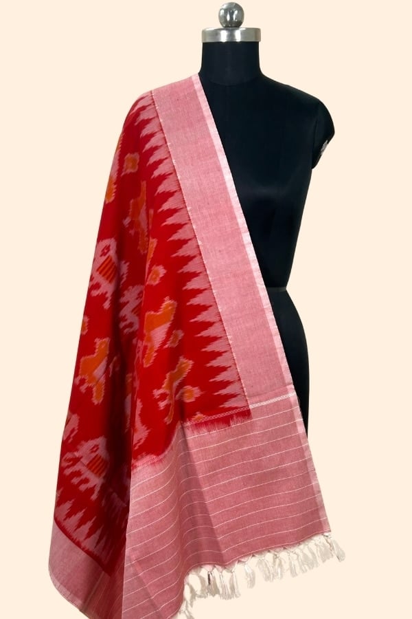Red - Ikkat Hand Tie-Dye Handloom Woven 100% Soft Cotton Dupatta