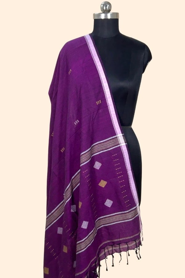 Purple - Authentic Handloom Woven Pure Soft Cotton Dupatta