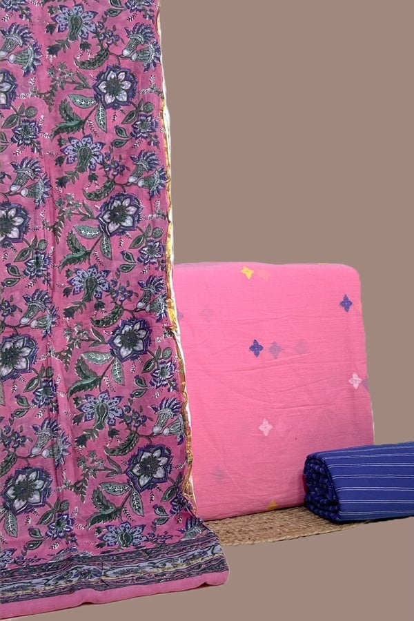 3Pc Blockprinted Soft Cotton Dupatta with Handloom Woven Desing  Top & Handloom Stripe Bottom Fabric Set
