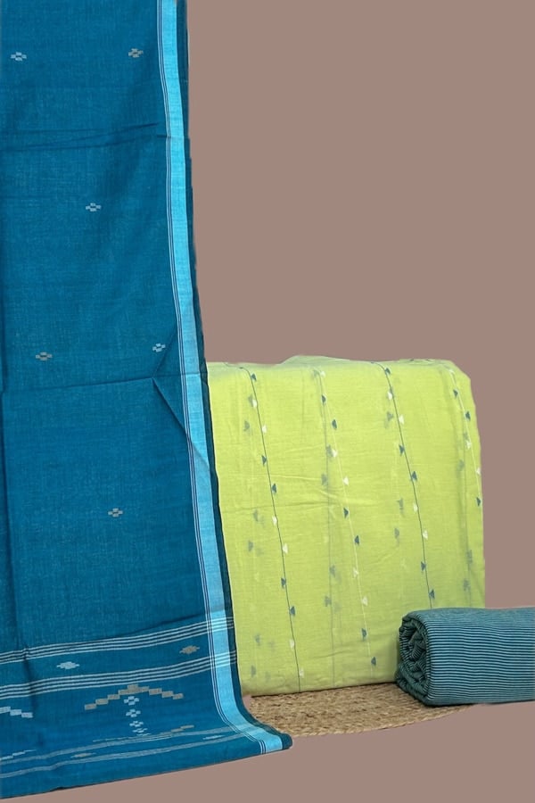 3Pc Handloom Cotton Dupatta with Woven Motif Top & Handloom Stripe Soft Cotton Bottom Fabric Set