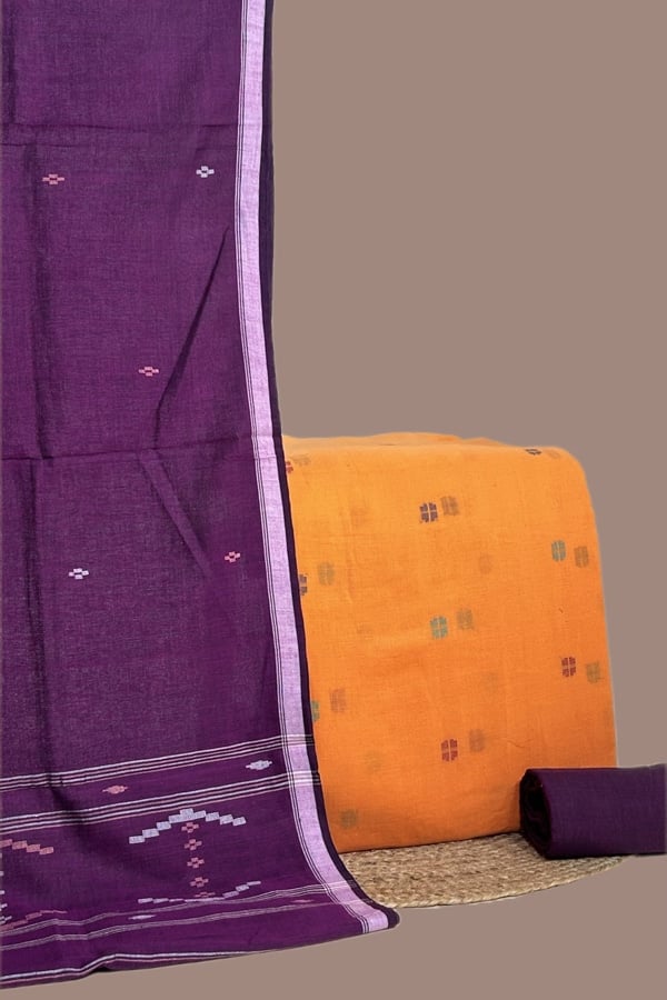 3Pc Handloom Cotton Dupatta with Woven Motif Top & Handloom Soft Cotton Bottom Fabric Set
