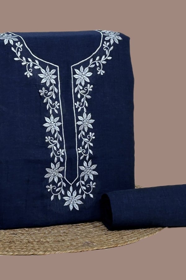 2Pc Handloom Embroidered Neck Design Soft Cotton Top(3m) Bottom(2.5m) Fabric Set