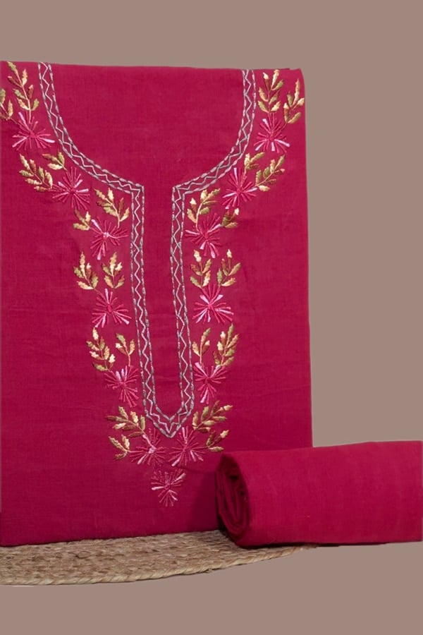 2Pc Handloom Embroidered Neck Design Soft Cotton Top(3m) Bottom(2.5m) Fabric Set